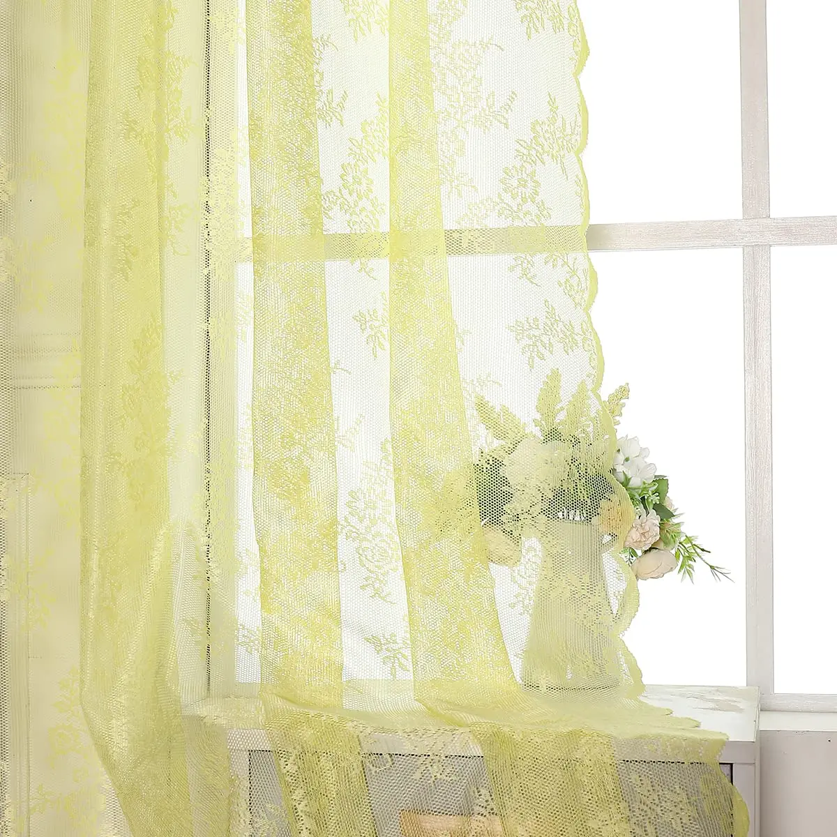 Urban Lotus Yellow Sheer Curtains for Bedroom 55" W x 108" L | Floral Lace Sheer Drapes for Home & Hotel - view 3