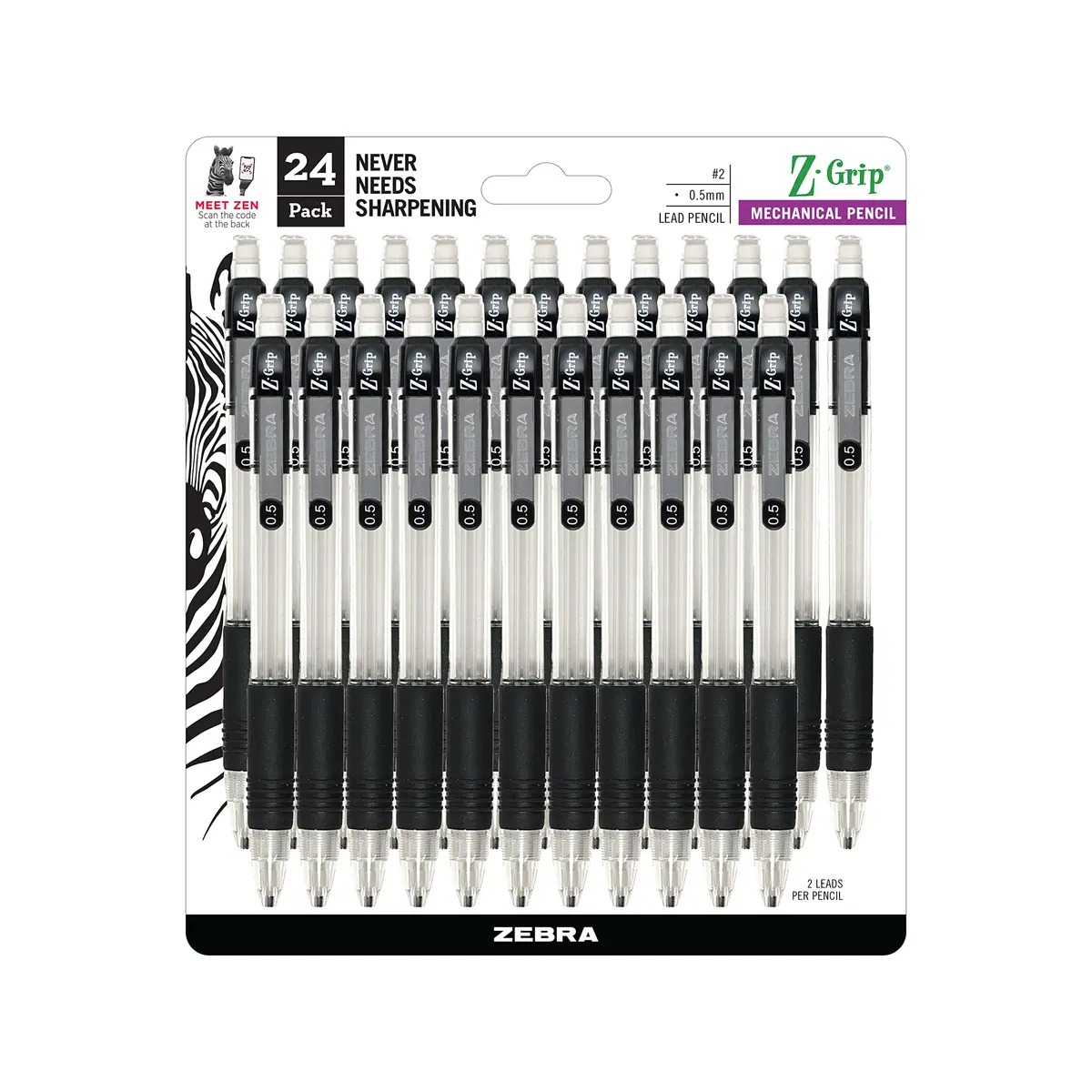 Zebra Pen Z-Grip Mechanical Pencils, 0.5mm #2 HB, Clear Barrel, 24-Pack | Smooth Writing, Refillable, Ideal for School & Office - main product image