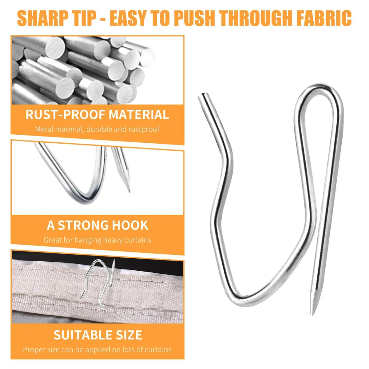 Sopito Curtain Hooks for Drapes | Durable Silver Curtain Fastener, 58 pcs - view 4