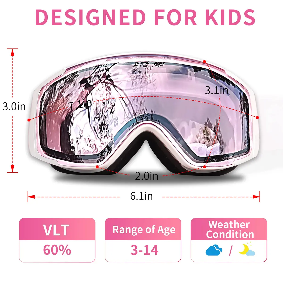 Freela Kids Ski Goggles | Pink Lens 60% VLT Spherical Anti-Fog UV Protection for Toddler Youth - view 6