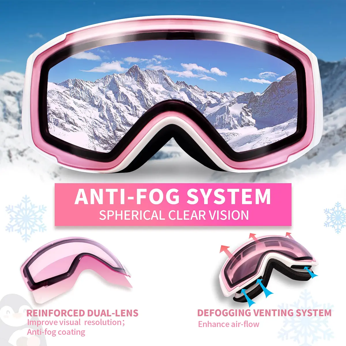 Freela Kids Ski Goggles | Pink Lens 60% VLT Spherical Anti-Fog UV Protection for Toddler Youth - view 2