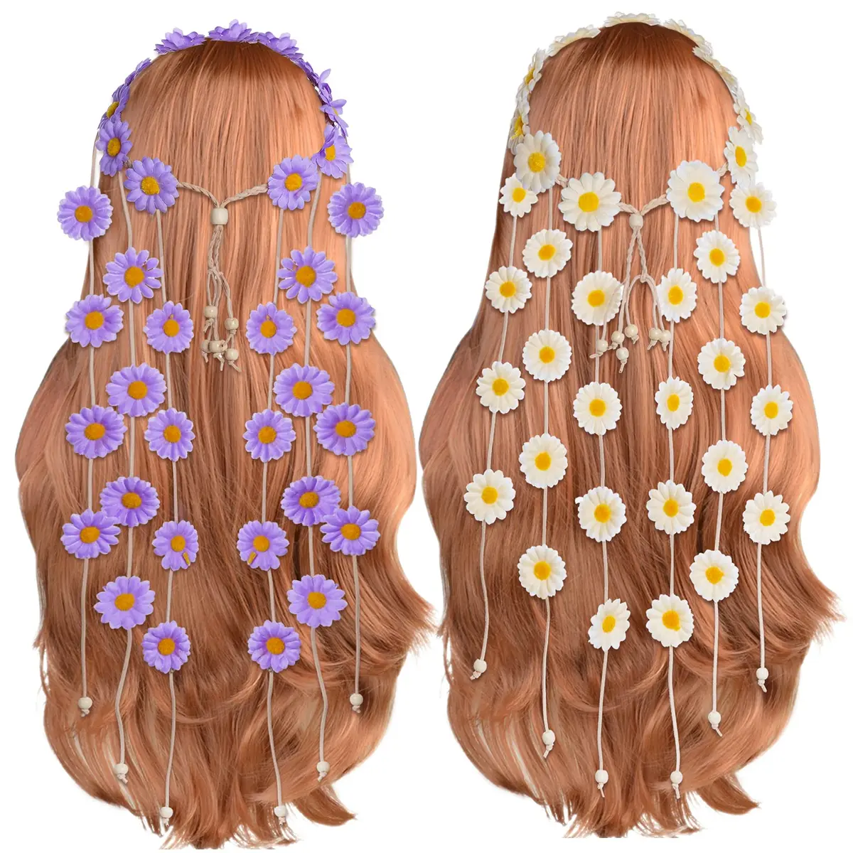 Sucrain Flower Hippie Headband Floral Crown 2pcs | Bohemian Sunflower Hair Accessories for Women (Beige+Purple) - main product image