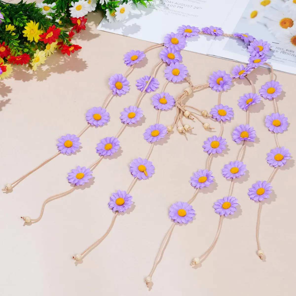 Sucrain Flower Hippie Headband Floral Crown 2pcs | Bohemian Sunflower Hair Accessories for Women (Beige+Purple) - view 6