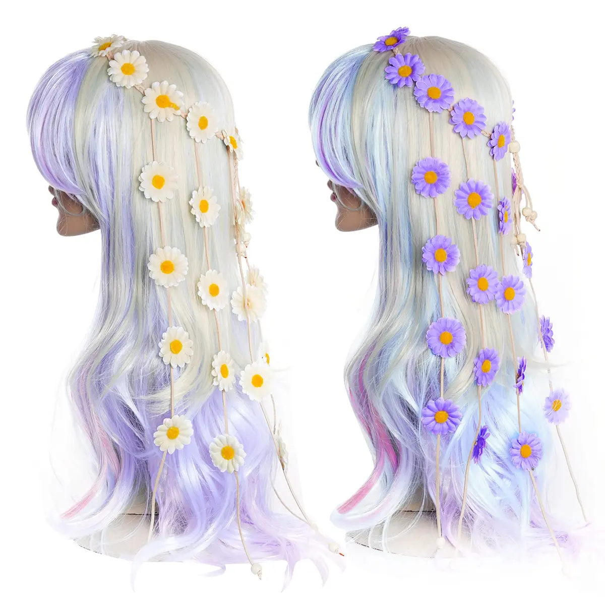 Sucrain Flower Hippie Headband Floral Crown 2pcs | Bohemian Sunflower Hair Accessories for Women (Beige+Purple) - view 3