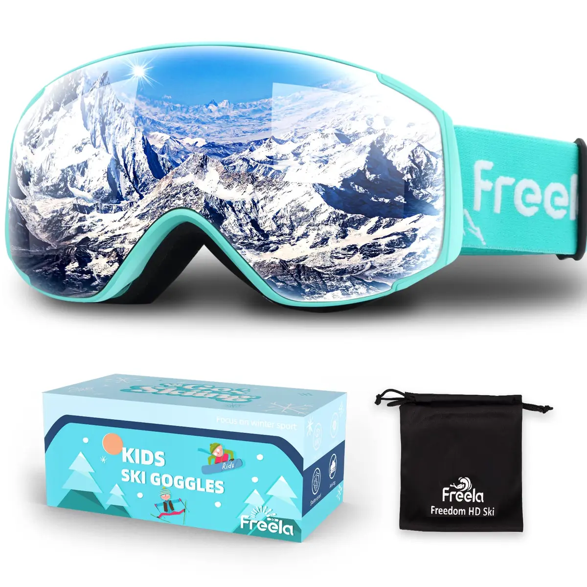 Freela Kids Ski Goggles Snowboard Snow Skiing Goggles with Helmet for Kids, Silver/Teal (1 Pack) - main product image