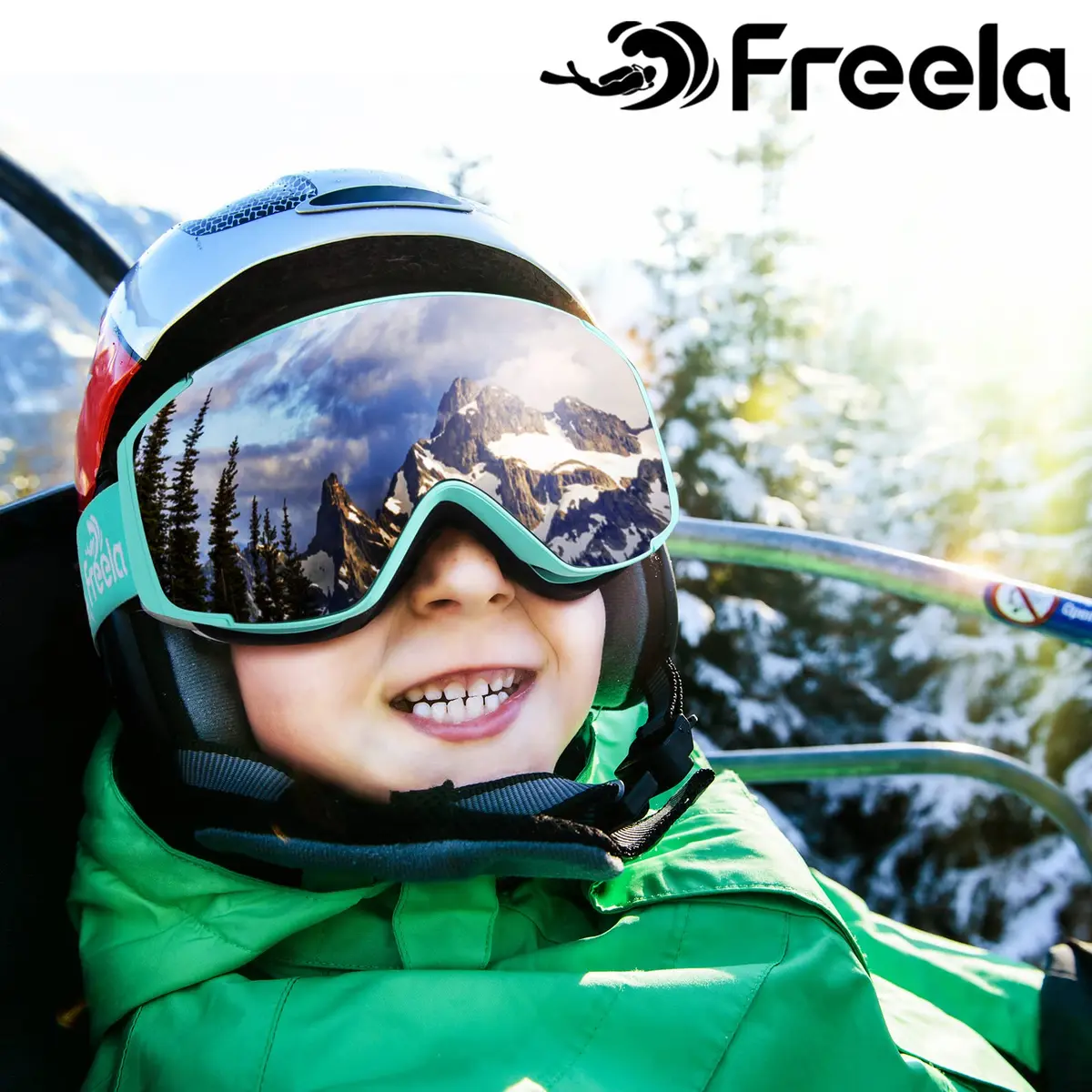 Freela Kids Ski Goggles Snowboard Snow Skiing Goggles with Helmet for Kids, Silver/Teal (1 Pack) - view 2
