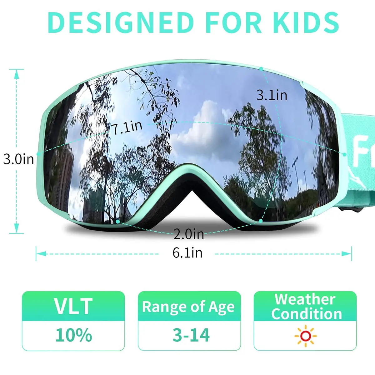 Freela Kids Ski Goggles Snowboard Snow Skiing Goggles with Helmet for Kids, Silver/Teal (1 Pack) - view 3