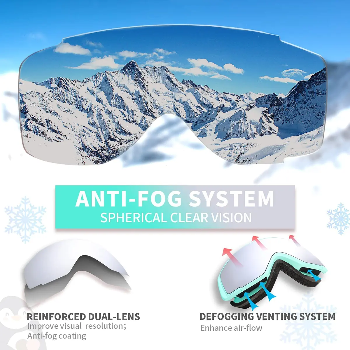 Freela Kids Ski Goggles Snowboard Snow Skiing Goggles with Helmet for Kids, Silver/Teal (1 Pack) - view 4