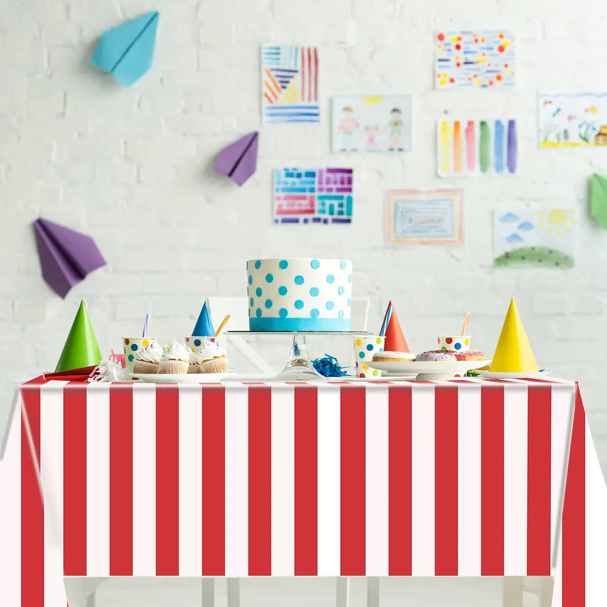 peony man 2 Pieces Red and White Striped Waterproof Tablecloth 137x274 cm | Carnival Festival Decor - view 6