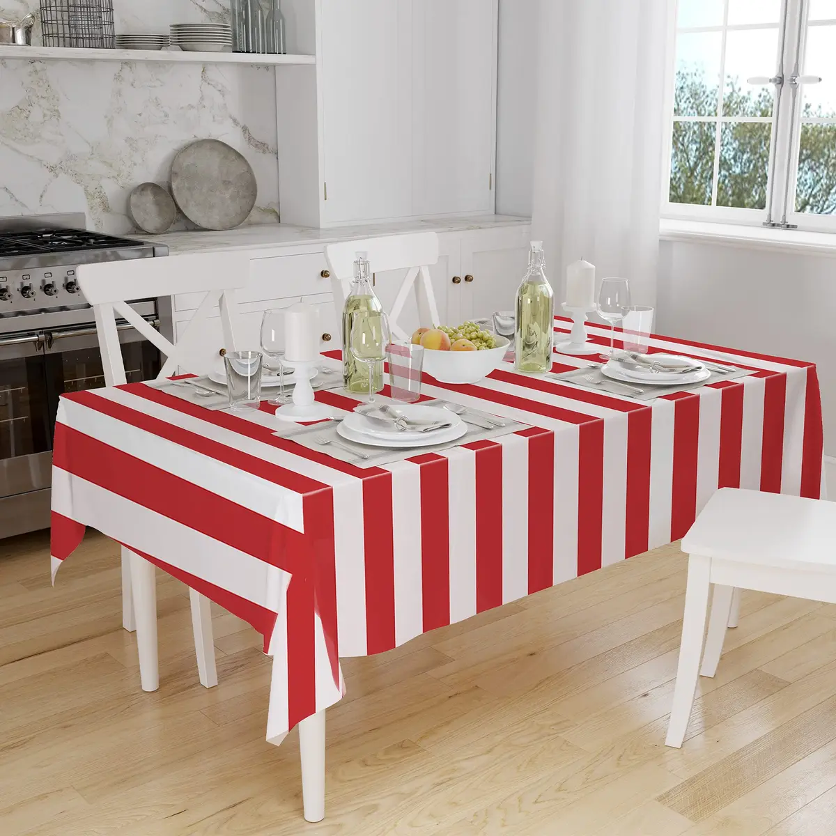 peony man 2 Pieces Red and White Striped Waterproof Tablecloth 137x274 cm | Carnival Festival Decor - view 4