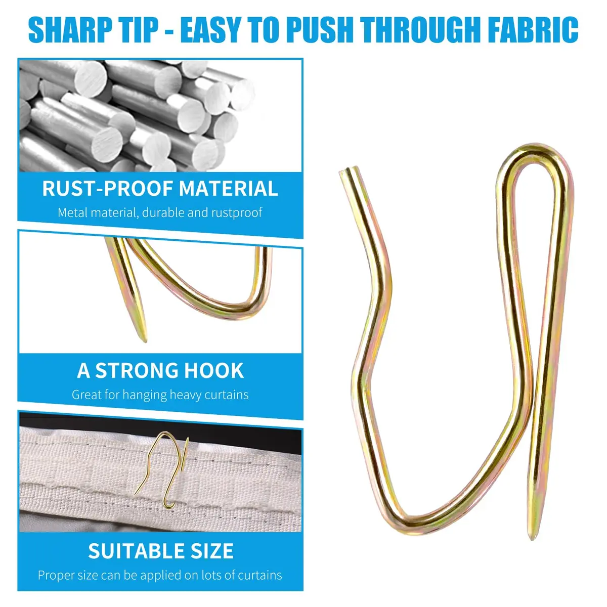 Sopito 58Pcs Metal Curtain Hooks with Sharp Pins, 3.1cm (1.2") Height, Bronze | Tool-Free Installation for Pinch-Pleat Curtains - view 4
