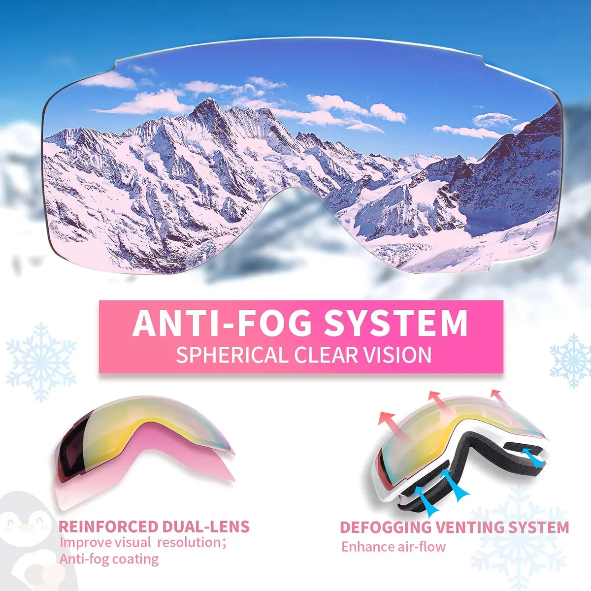 Freela Ski Goggles Snowboard Snow Skiing Equipment UV Protection Mirror Clear (one) | Anti-fog Wide Vision - view 5