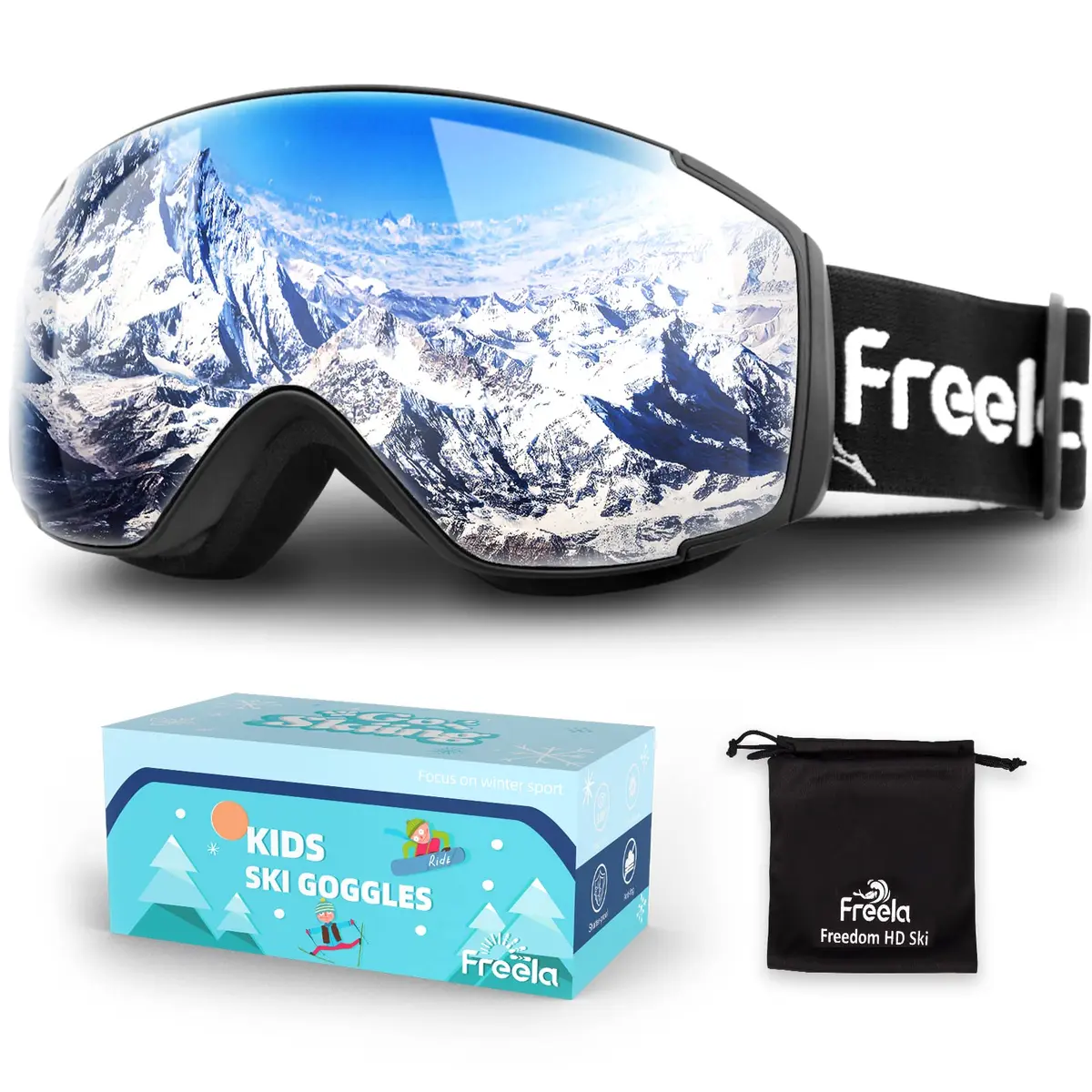Freela Kids Ski Goggles | Spherical Wide Vision Anti-Fog UV Protection Mirror Clear Lens for Toddler Youth - main product image