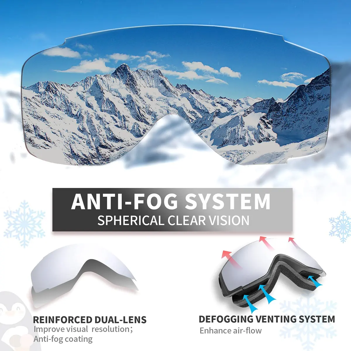 Freela Kids Ski Goggles | Spherical Wide Vision Anti-Fog UV Protection Mirror Clear Lens for Toddler Youth - view 3
