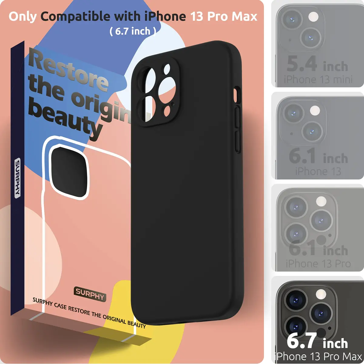 SURPHY Liquid Silicone Case for iPhone 13 Pro Max 6.7 inch (Black) | Camera Protection + Screen Protector - view 2