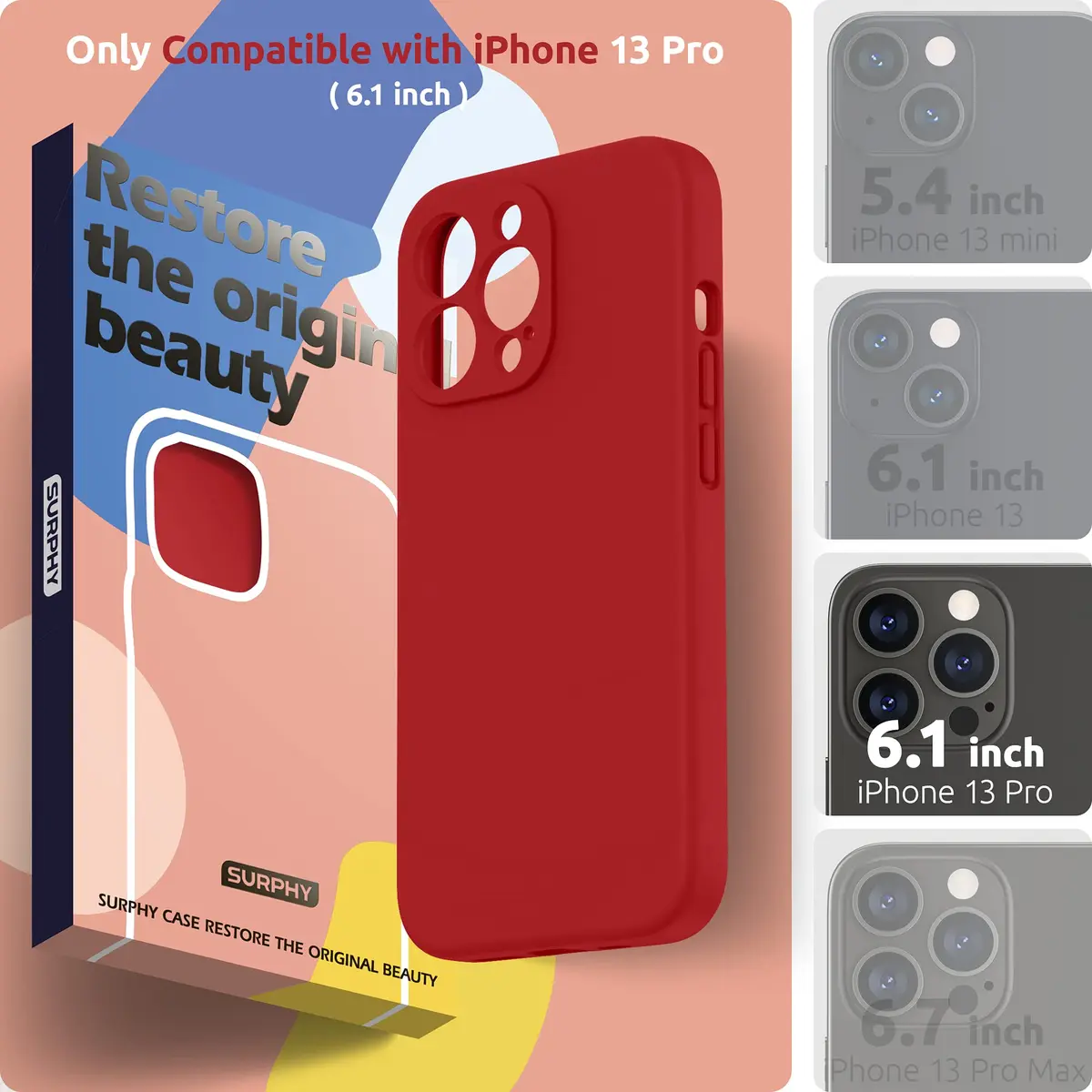 SURPHY Liquid Silicone Case for iPhone 13 Pro with Screen Protector, Red | Camera Protection & Soft Microfiber Lining - view 2