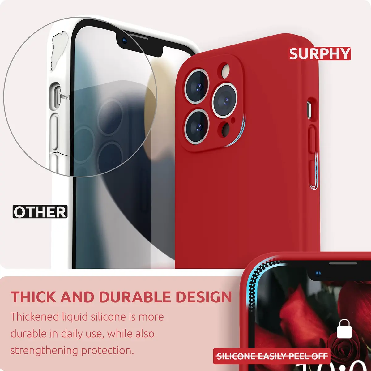 SURPHY Liquid Silicone Case for iPhone 13 Pro with Screen Protector, Red | Camera Protection & Soft Microfiber Lining - view 3