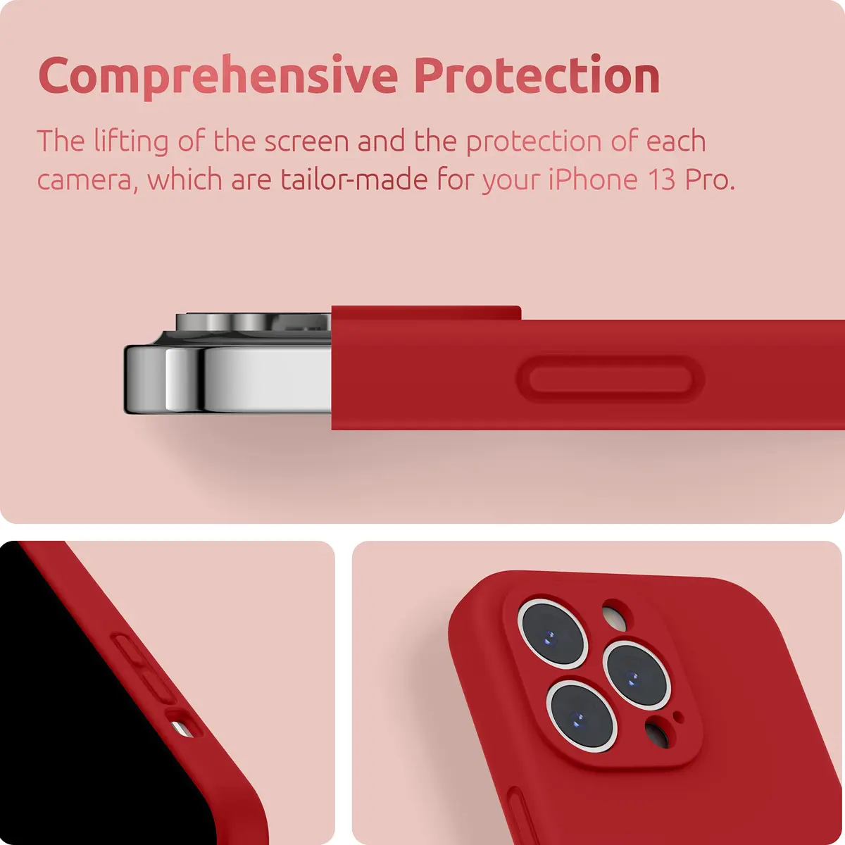 SURPHY Liquid Silicone Case for iPhone 13 Pro with Screen Protector, Red | Camera Protection & Soft Microfiber Lining - view 4
