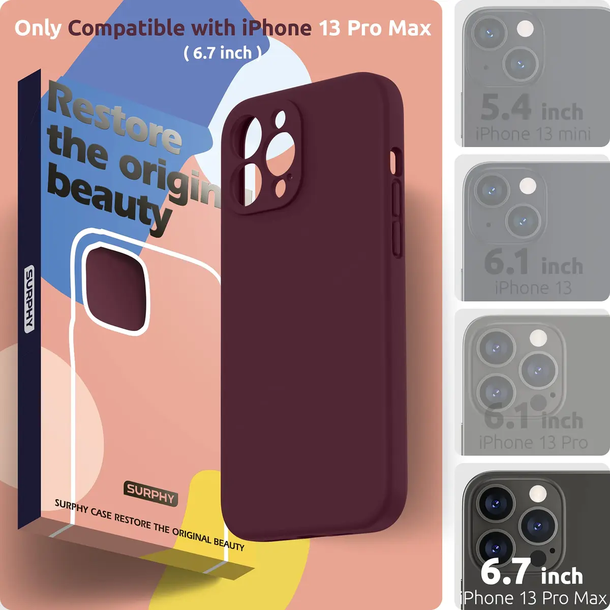 SURPHY Liquid Silicone Case for iPhone 13 Pro Max 6.7 inch with Screen Protector | Plum - view 2