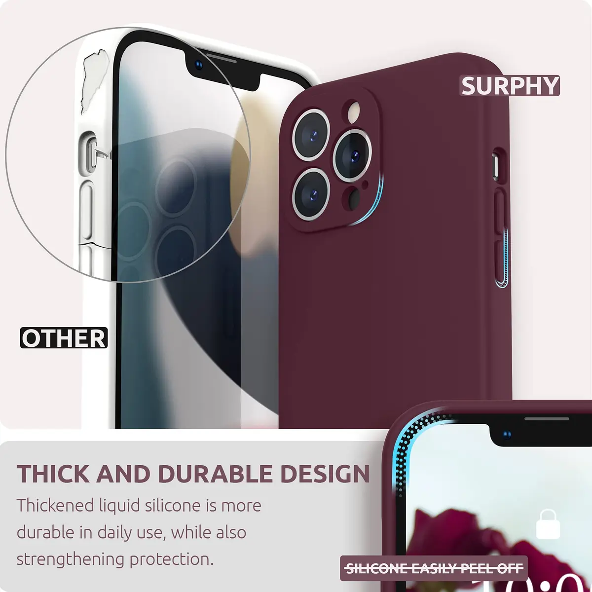 SURPHY Liquid Silicone Case for iPhone 13 Pro Max 6.7 inch with Screen Protector | Plum - view 3