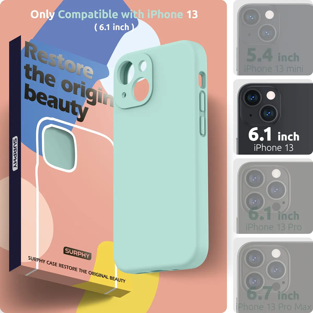 SURPHY Liquid Silicone Case for iPhone 13 (6.1 inch) with Camera Protection & Screen Protector, Mint Green | Full Body Drop Protection - view 2