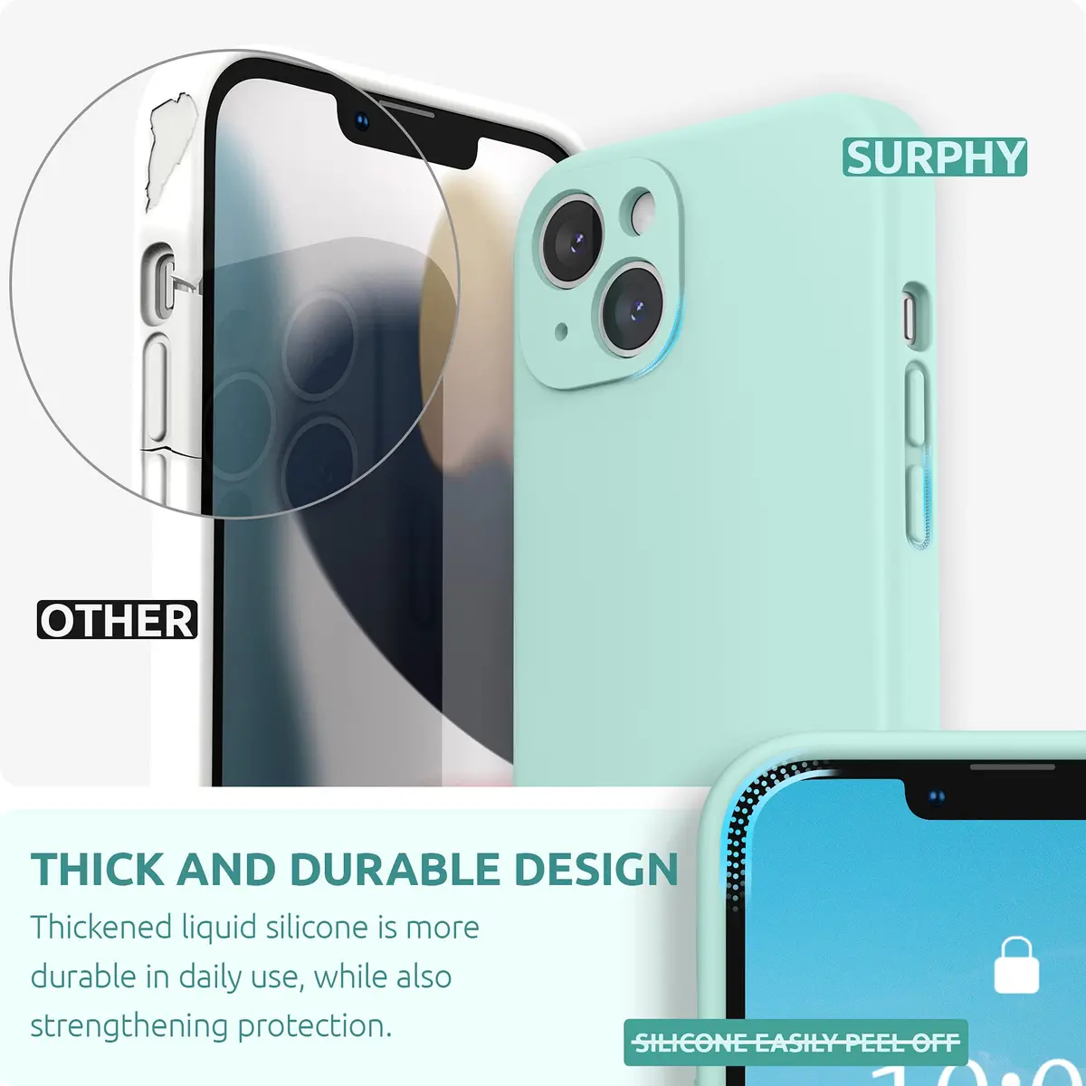SURPHY Liquid Silicone Case for iPhone 13 (6.1 inch) with Camera Protection & Screen Protector, Mint Green | Full Body Drop Protection - view 3