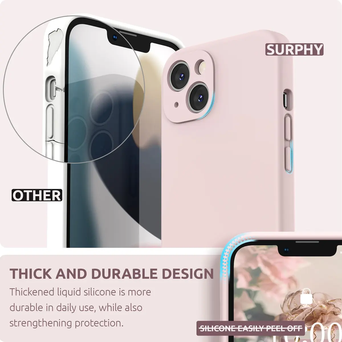 SURPHY Liquid Silicone Case for iPhone 13 (6.1 inch) with Camera Protector & Microfiber Lining | Pink Sand - view 4