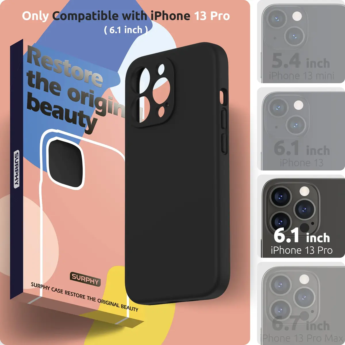 SURPHY Liquid Silicone Case for iPhone 13 Pro (6.1-inch) with Screen Protector | Black - view 2