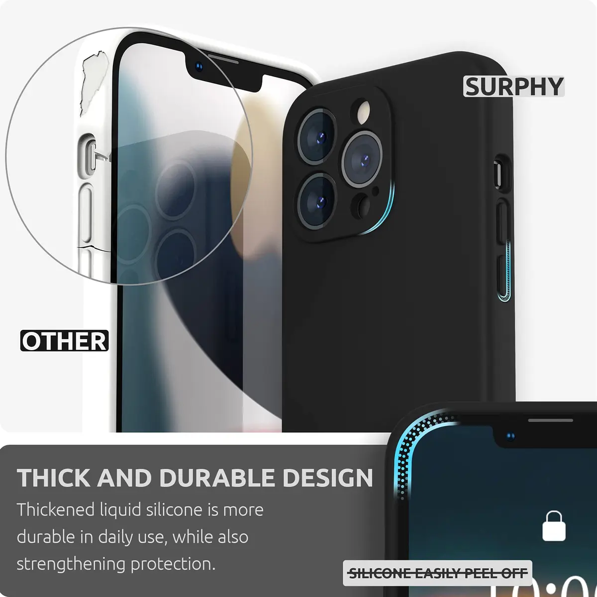 SURPHY Liquid Silicone Case for iPhone 13 Pro (6.1-inch) with Screen Protector | Black - view 3