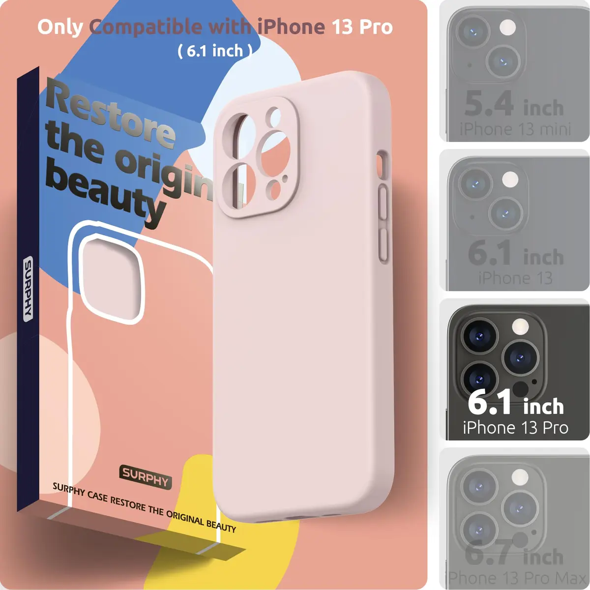 SURPHY Liquid Silicone Case for iPhone 13 Pro (6.1-inch) with Screen Protector, Pink Sand | Camera Protection & Soft Microfiber Lining - view 2