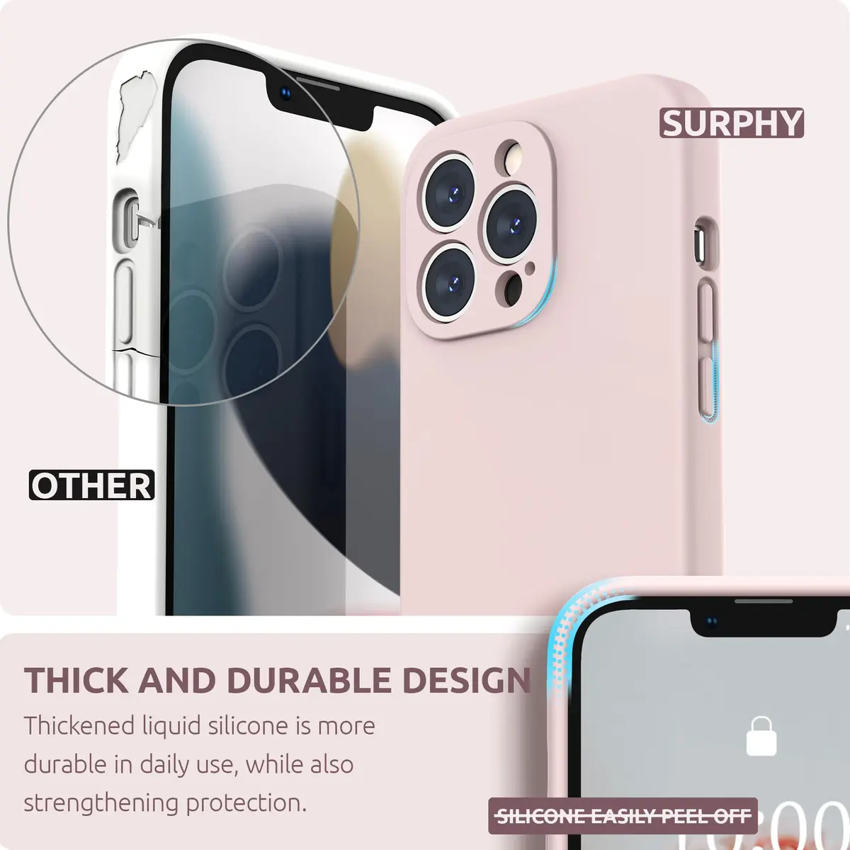 SURPHY Liquid Silicone Case for iPhone 13 Pro (6.1-inch) with Screen Protector, Pink Sand | Camera Protection & Soft Microfiber Lining - view 4