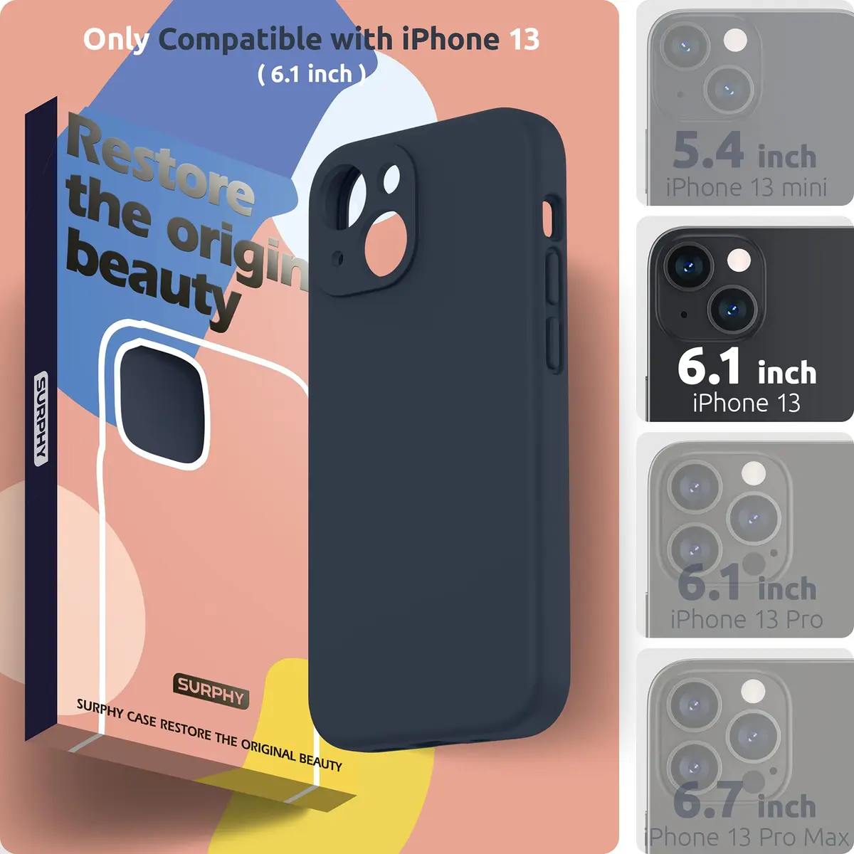 SURPHY Liquid Silicone Case for iPhone 13 6.1 inch (2021) with Camera Protection & Screen Protector | Midnight Blue - view 2
