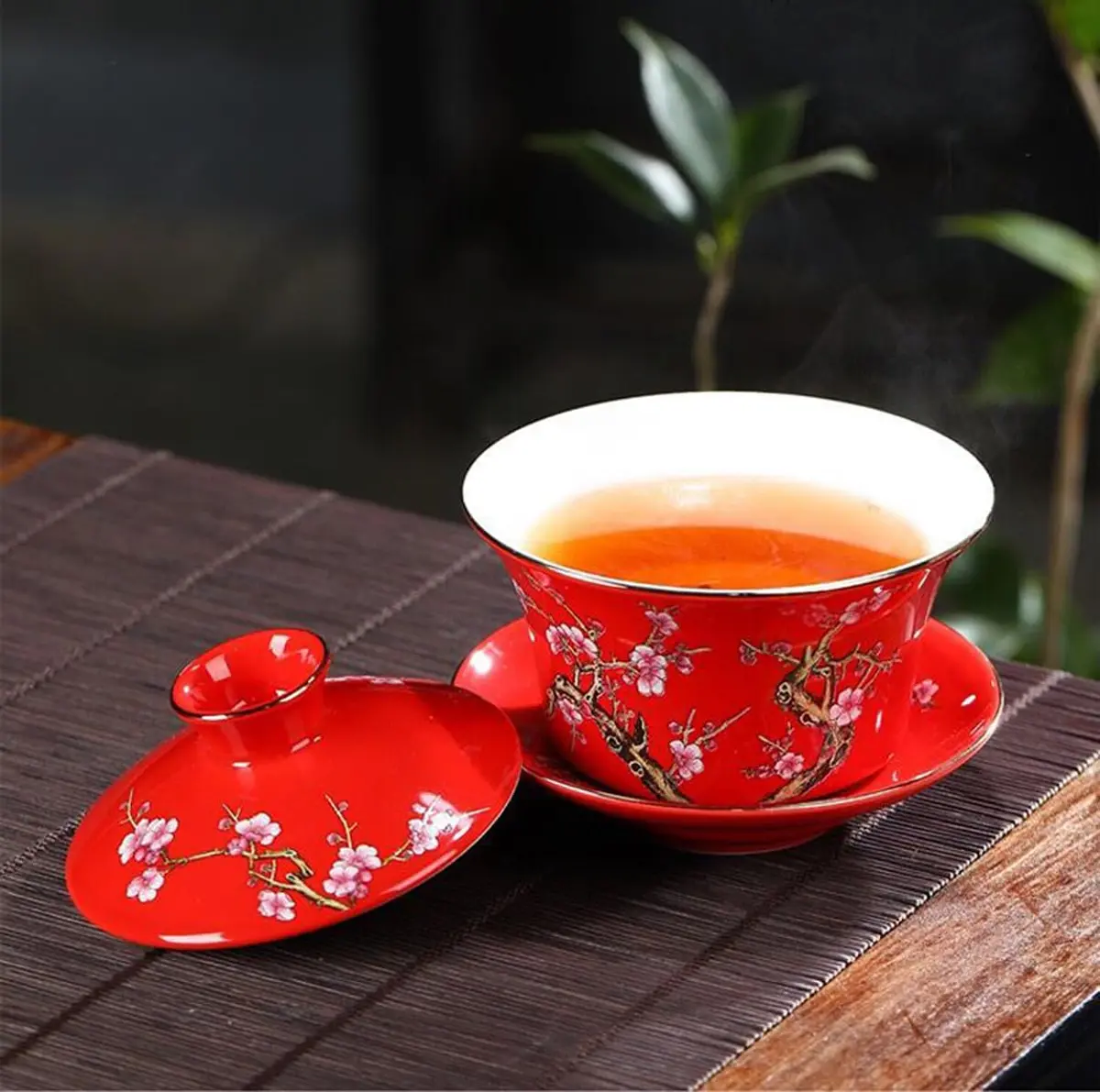 Eplze 10oz Ceramic Gaiwan Tea Cup with Embossed Plum Patterns (Red) | Traditional Chinese Teaware - view 5
