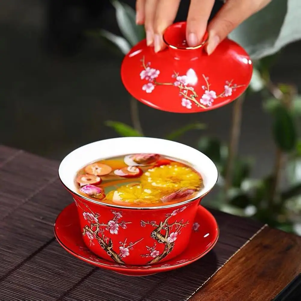 Eplze 10oz Ceramic Gaiwan Tea Cup with Embossed Plum Patterns (Red) | Traditional Chinese Teaware - view 6