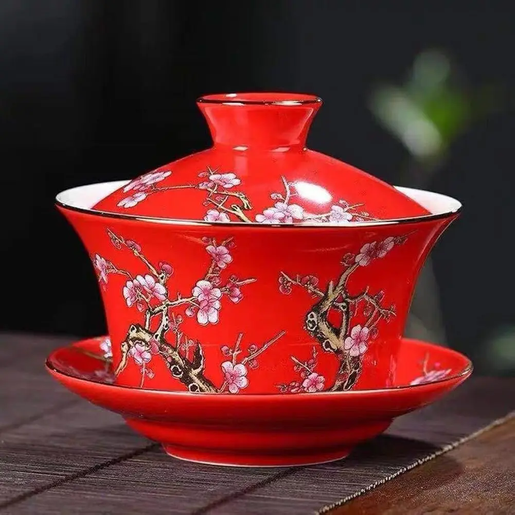 Eplze 10oz Ceramic Gaiwan Tea Cup with Embossed Plum Patterns (Red) | Traditional Chinese Teaware - view 7