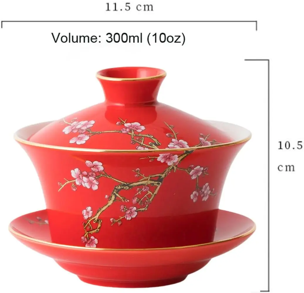 Eplze 10oz Ceramic Gaiwan Tea Cup with Embossed Plum Patterns (Red) | Traditional Chinese Teaware - view 2