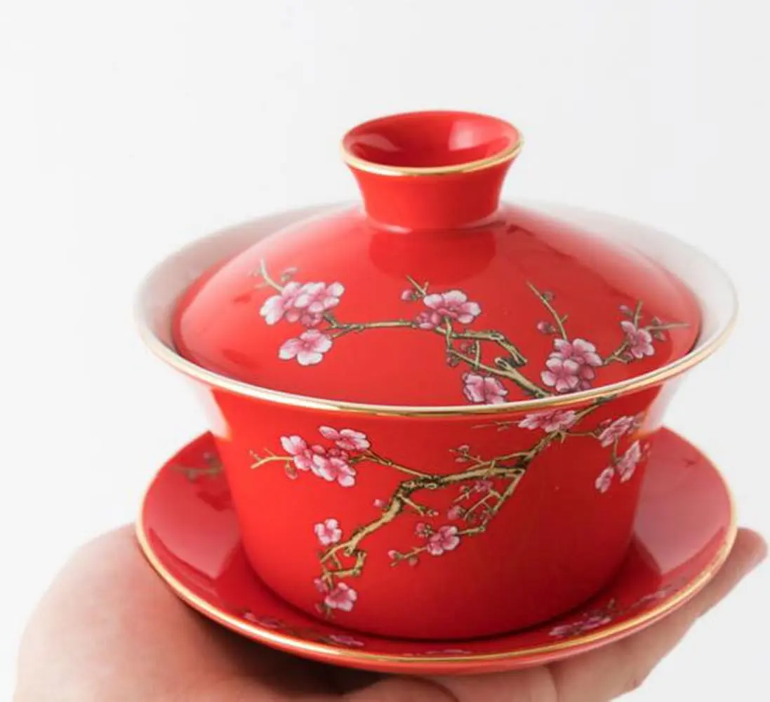 Eplze 10oz Ceramic Gaiwan Tea Cup with Embossed Plum Patterns (Red) | Traditional Chinese Teaware - view 3