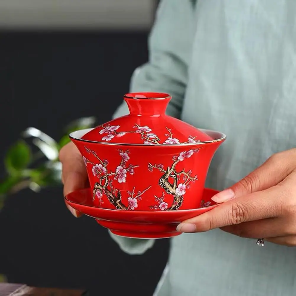 Eplze 10oz Ceramic Gaiwan Tea Cup with Embossed Plum Patterns (Red) | Traditional Chinese Teaware - view 4