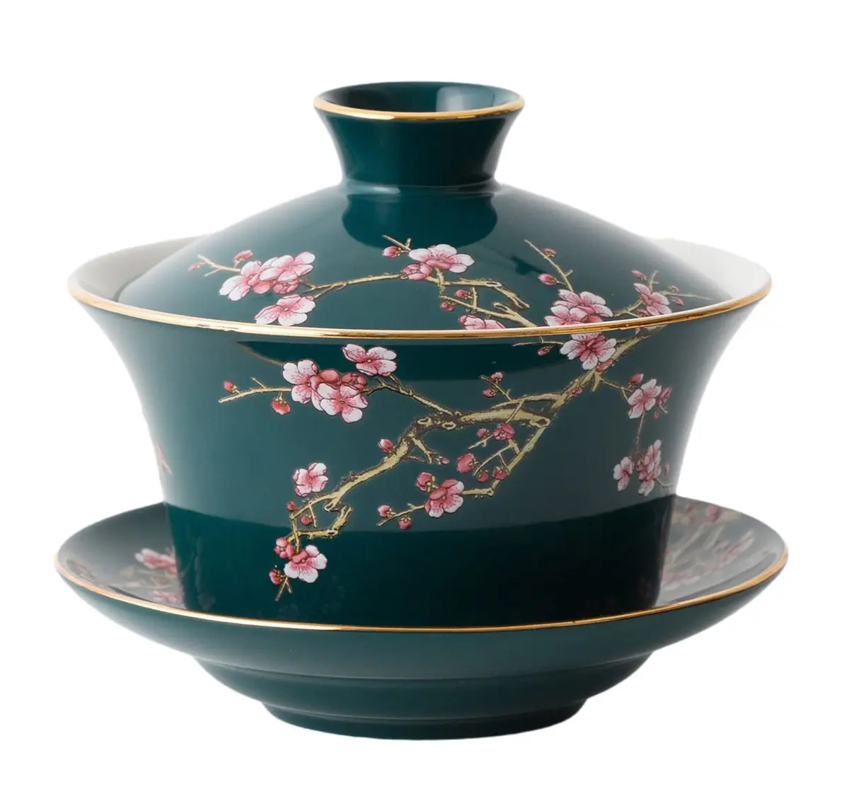 Eplze 10oz Large Gaiwan Ceramic Teacup - Embossed Plum Patterns (Green) | Elegant Asian Tea Cup - main product image