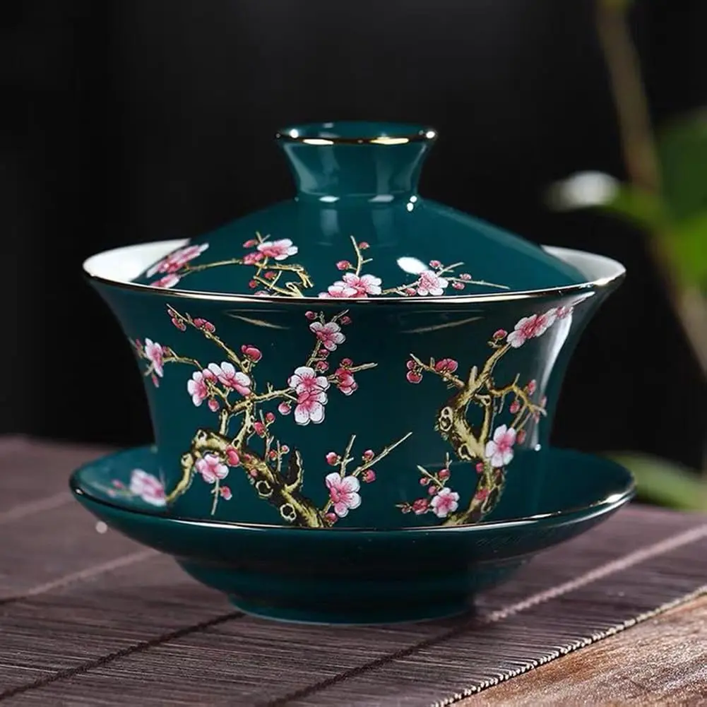 Eplze 10oz Large Gaiwan Ceramic Teacup - Embossed Plum Patterns (Green) | Elegant Asian Tea Cup - view 6