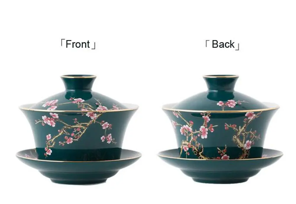 Eplze 10oz Large Gaiwan Ceramic Teacup - Embossed Plum Patterns (Green) | Elegant Asian Tea Cup - view 7