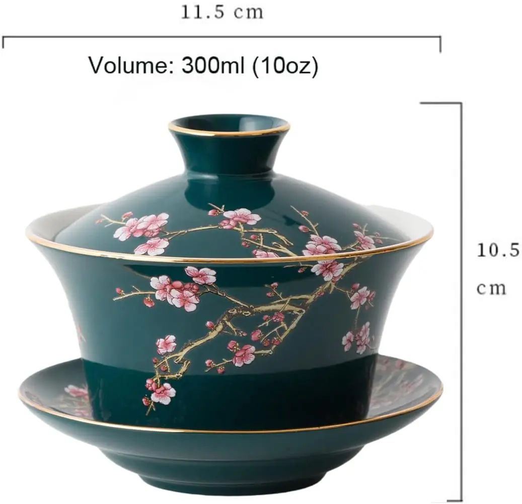 Eplze 10oz Large Gaiwan Ceramic Teacup - Embossed Plum Patterns (Green) | Elegant Asian Tea Cup - view 2