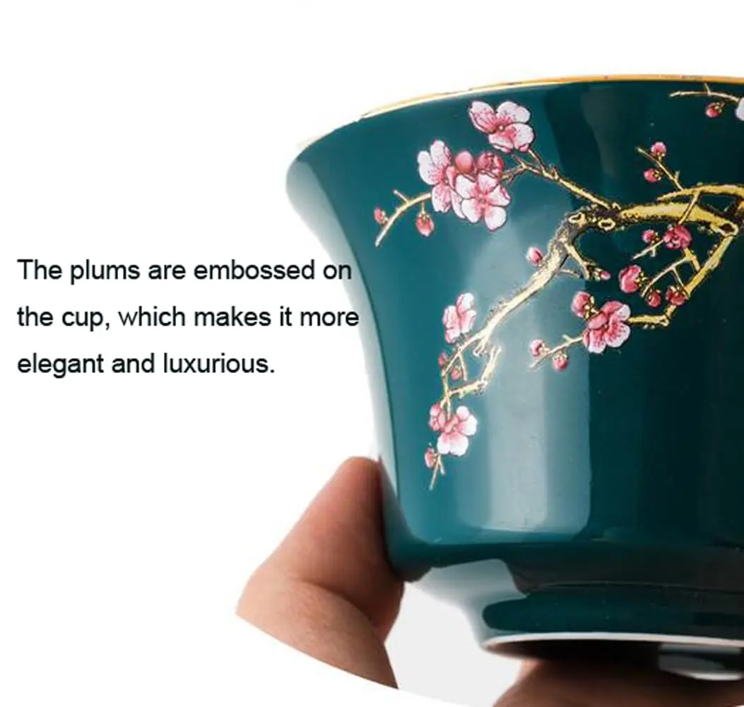 Eplze 10oz Large Gaiwan Ceramic Teacup - Embossed Plum Patterns (Green) | Elegant Asian Tea Cup - view 3