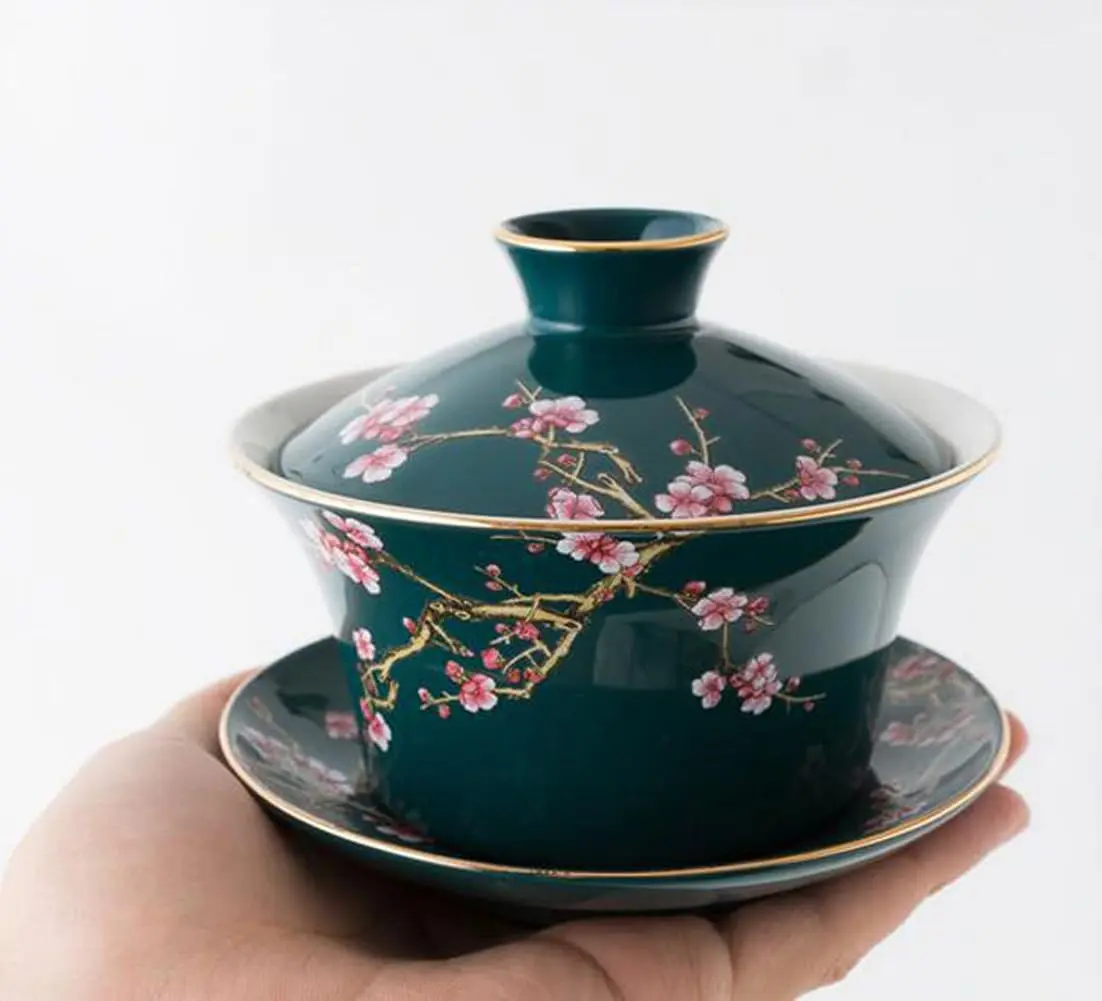 Eplze 10oz Large Gaiwan Ceramic Teacup - Embossed Plum Patterns (Green) | Elegant Asian Tea Cup - view 4