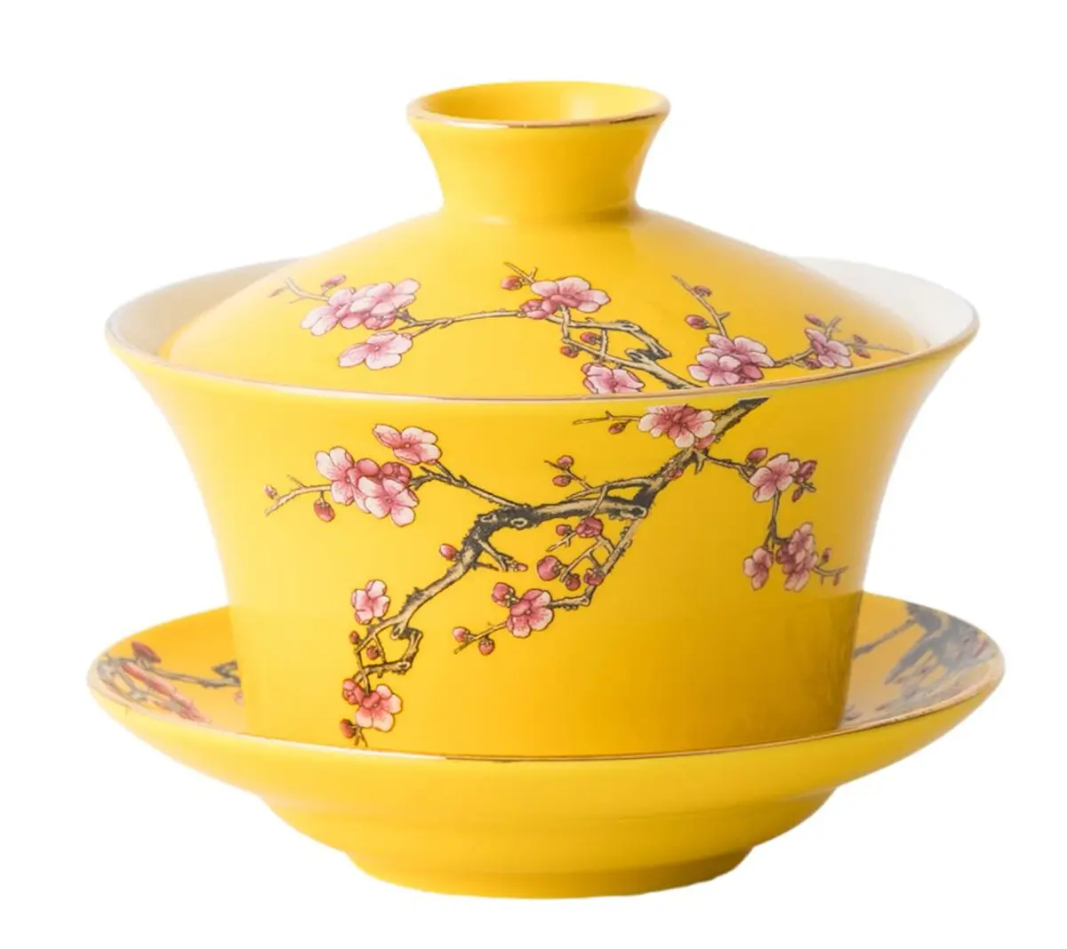 Eplze 10oz Ceramic Gaiwan - Embossed Plum Patterns Yellow | Elegant Traditional Tea Cup - main product image