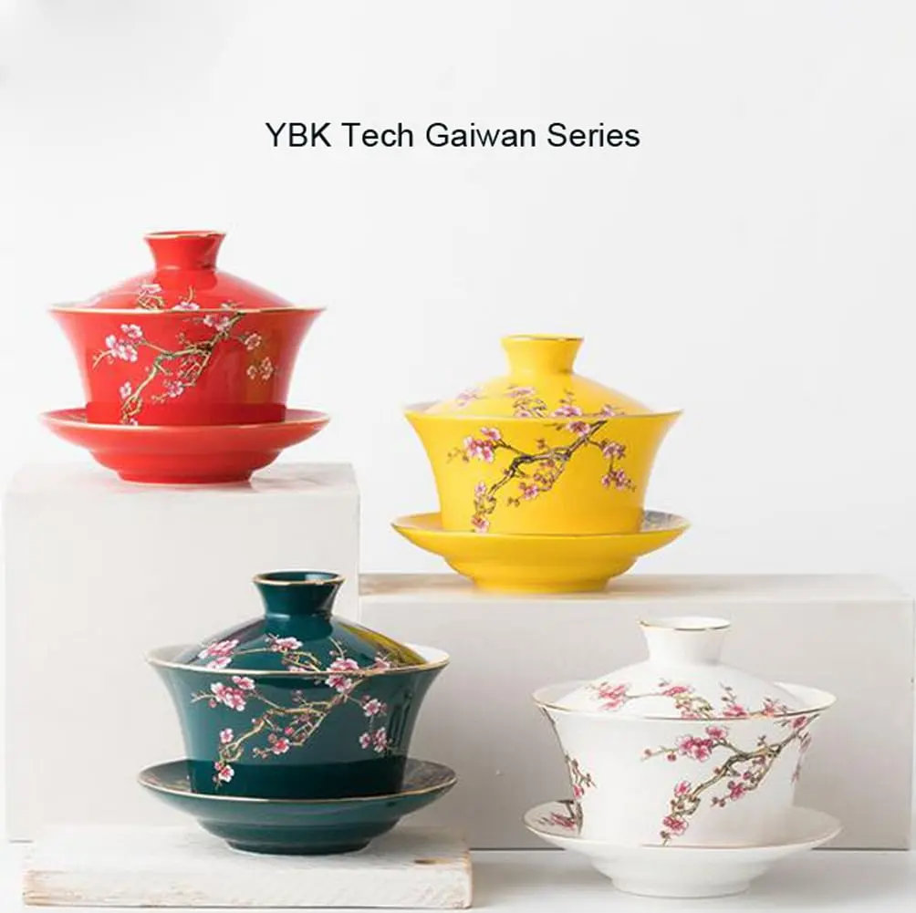 Eplze 10oz Ceramic Gaiwan - Embossed Plum Patterns Yellow | Elegant Traditional Tea Cup - view 5