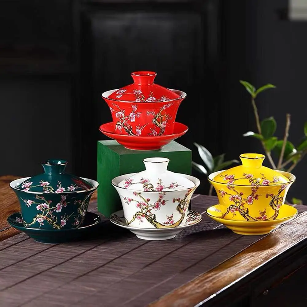 Eplze 10oz Ceramic Gaiwan - Embossed Plum Patterns Yellow | Elegant Traditional Tea Cup - view 6