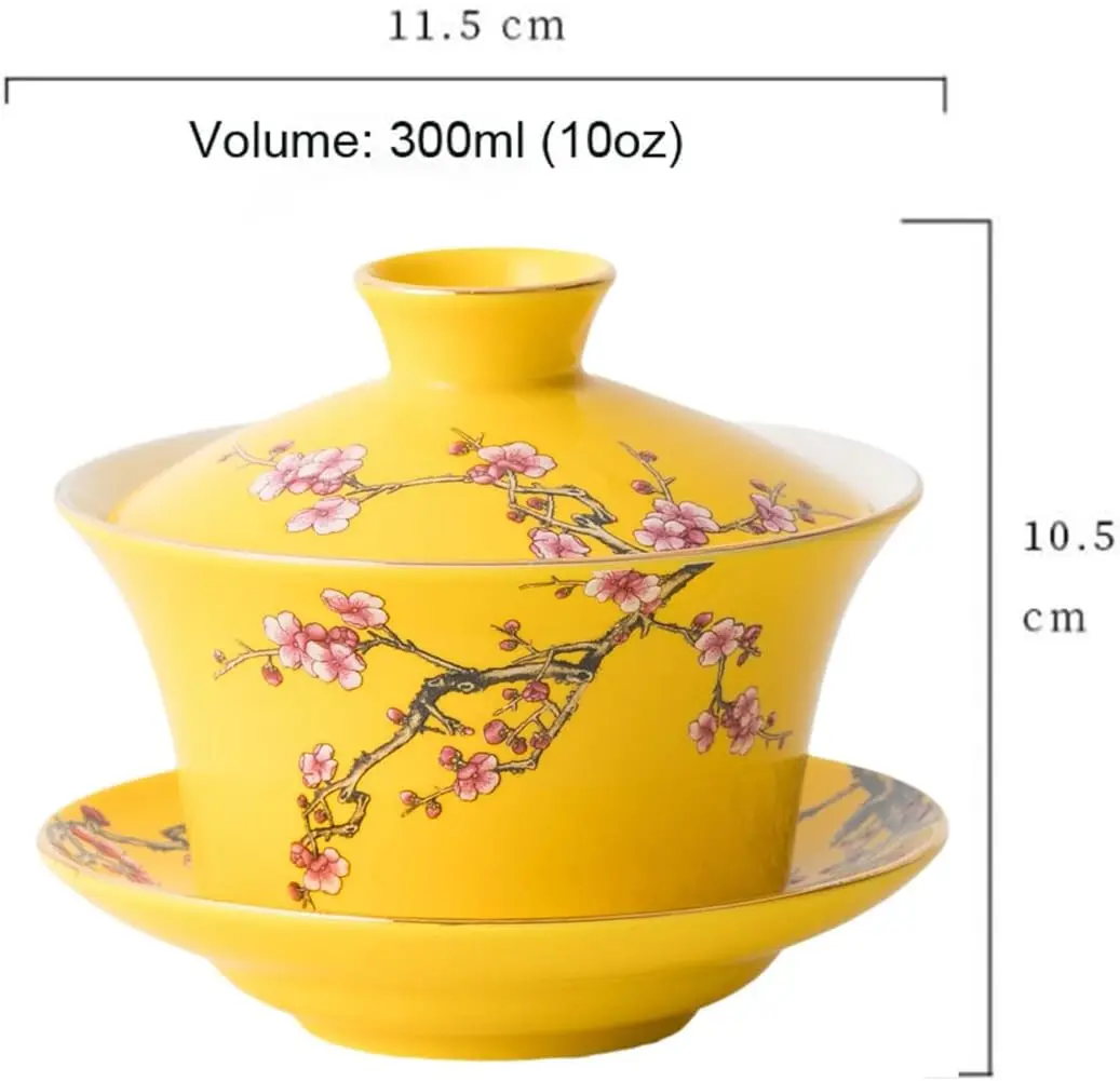 Eplze 10oz Ceramic Gaiwan - Embossed Plum Patterns Yellow | Elegant Traditional Tea Cup - view 2