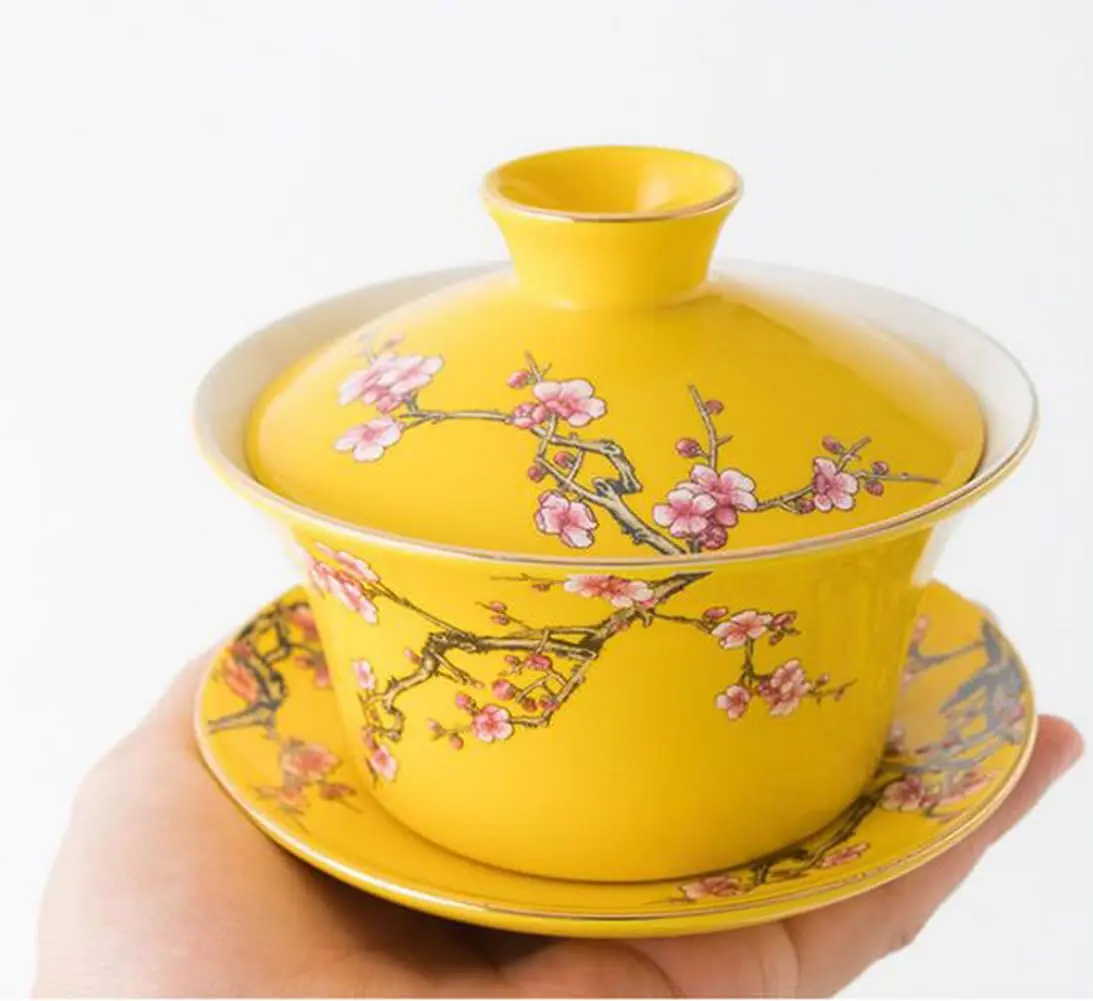 Eplze 10oz Ceramic Gaiwan - Embossed Plum Patterns Yellow | Elegant Traditional Tea Cup - view 3