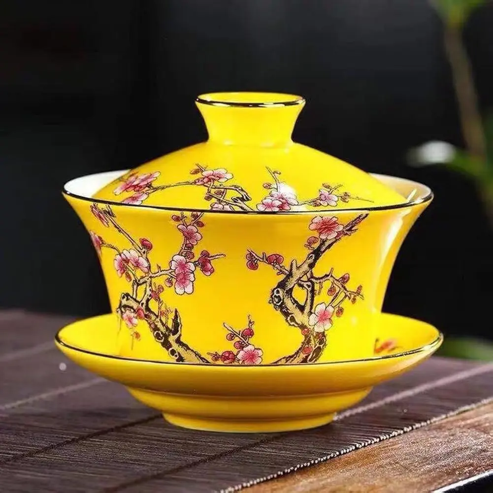 Eplze 10oz Ceramic Gaiwan - Embossed Plum Patterns Yellow | Elegant Traditional Tea Cup - view 4